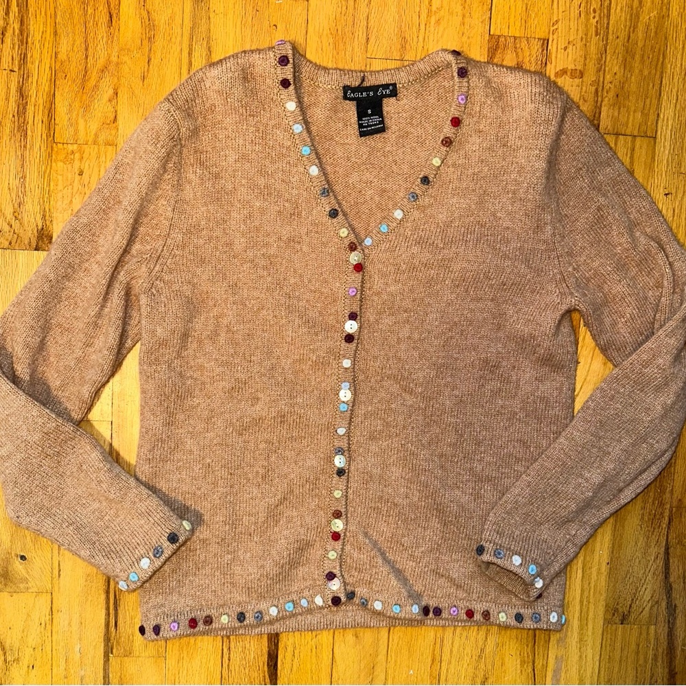 Eagles Eye Beige Cardigan with Multicolor details 100% Wool